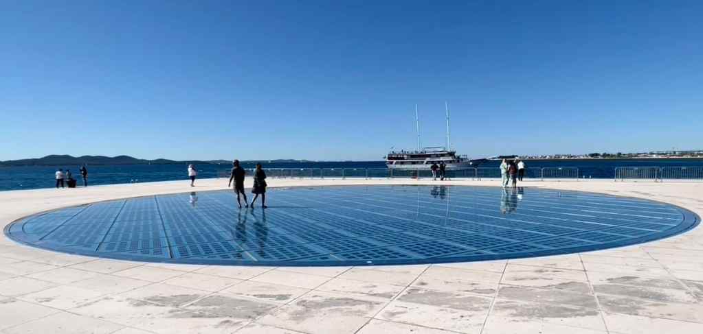 Photo of the permanent art installation, The Monument to the Sun, also known as The Greeting to the Sun, in Zadar, Croatia.