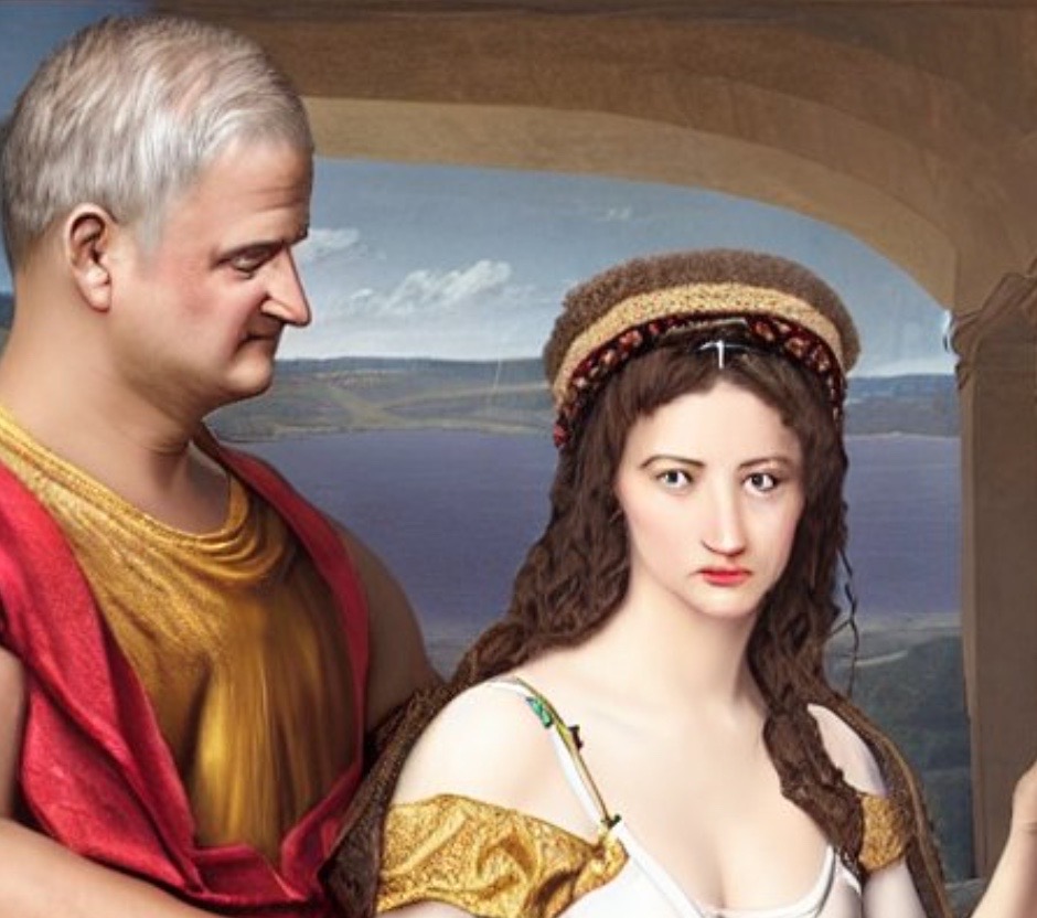An artificial intelligence rendering of Roman Emperor Vespasian and his mistress, Antonia Caenis, who would later become Empress in all but name.