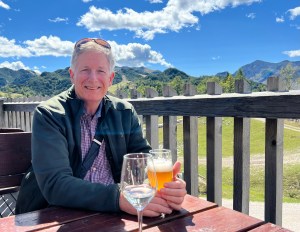 Sipping a beer on top of Vogel Mountain in Slovenia.