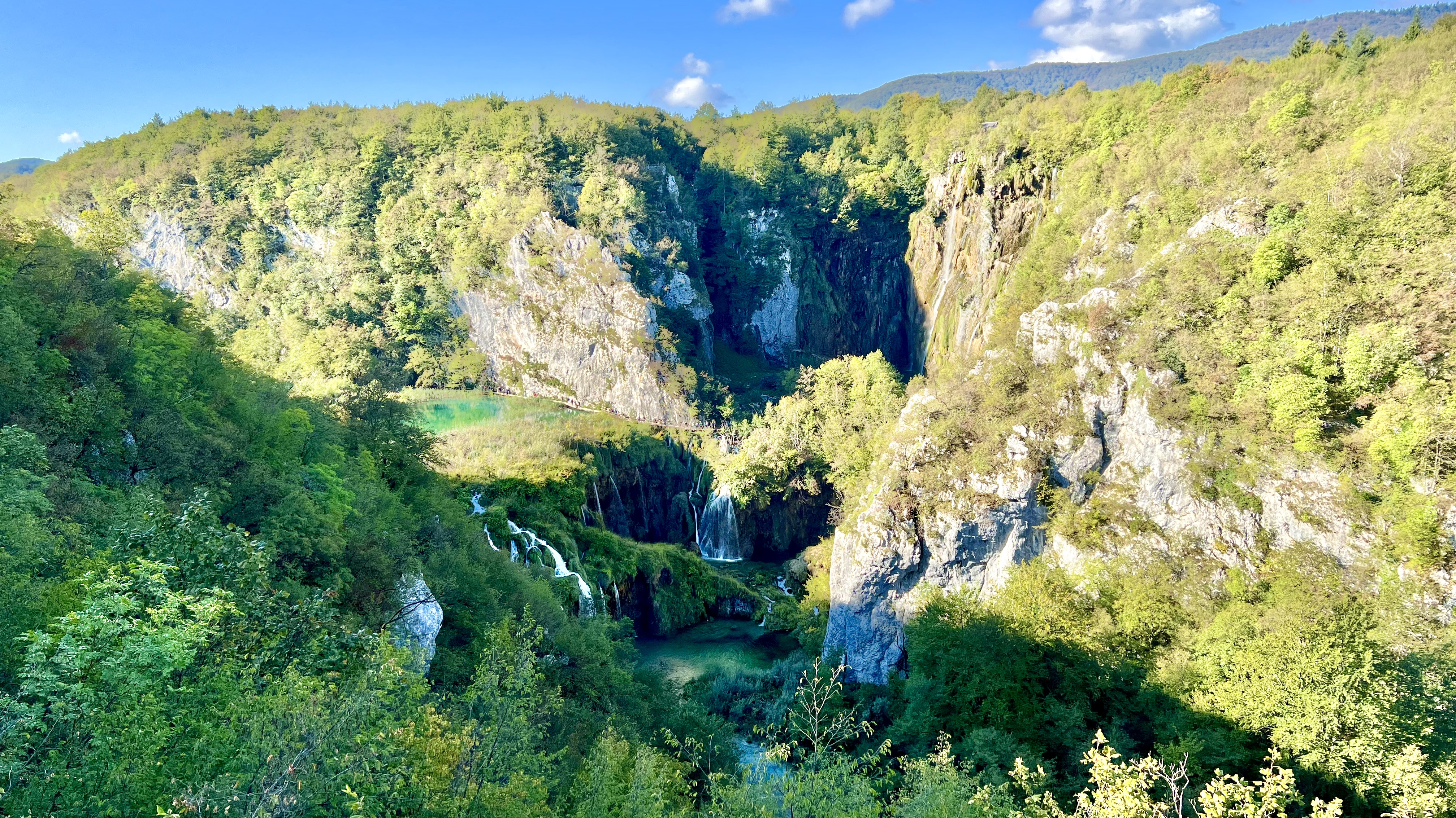 Plitvice Lakes National Park in Croatia. The Big Waterfall (Veliki Slap) and Sastavci waterfalls plunging into the Lower Lakes. Photographed from Entrance 1 on September 23, 2022.