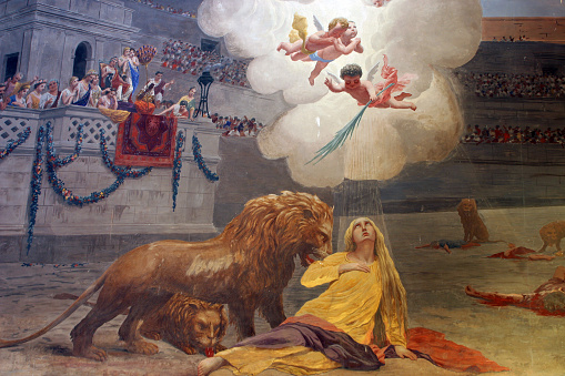 Mural depitcting the martyrdom of St. Euphemia who is the Patron Saint of Rovinj in Croatia.